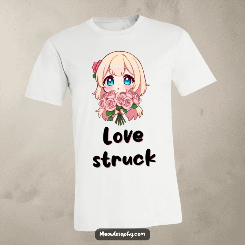 Funny t-shirt showcasing a character looking absolutely surprised while holding a sparkling rose bouquet, a perfect funny gift item.