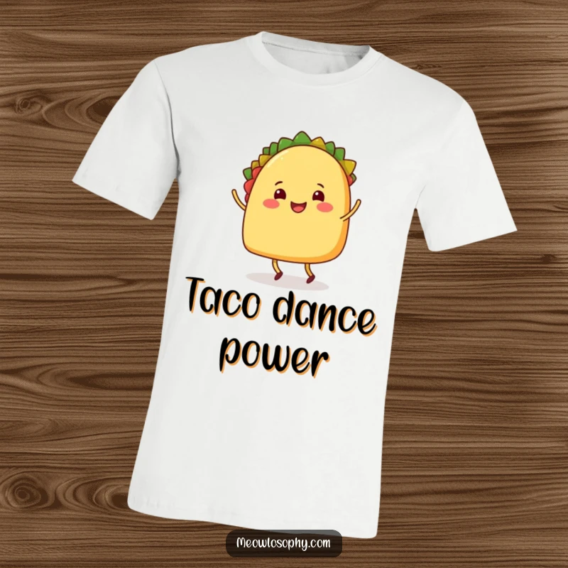 Funny T-Shirt depicting a smiling taco character with legs enthusiastically performing a lively shuffle dance, full of tasty energy.
