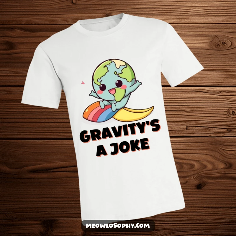 Funny t-shirt featuring a kawaii earth character comically falling due to a rainbow banana peel, spreading cartoonish humor.