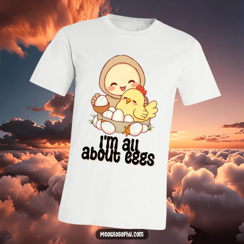 Funny t-shirt showing a happy character collecting eggs from a tired, cartoonish chicken. Great for farm animal lovers.