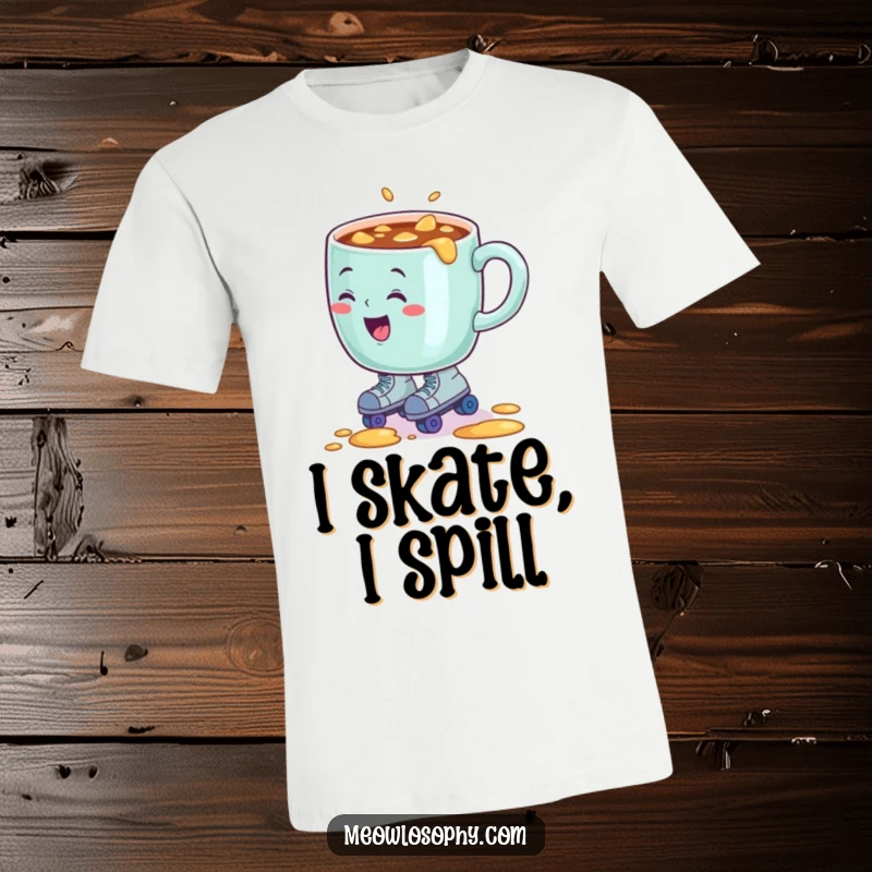 Funny t-shirt graphic of a sentient coffee mug comically spilling on tiny roller skates, emphasizing a humorous mishap.