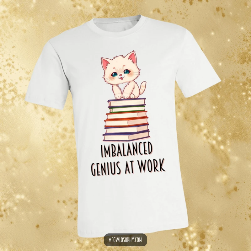 Funny fluffy kitten t-shirt, depicting a kitten balancing unsteadily on a pile of philosophy books, showcasing precarious wisdom.