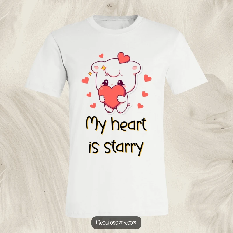 Funny T-shirt showing a cute character with stars in its eyes, holding a big, red heart, expressing overwhelming love.