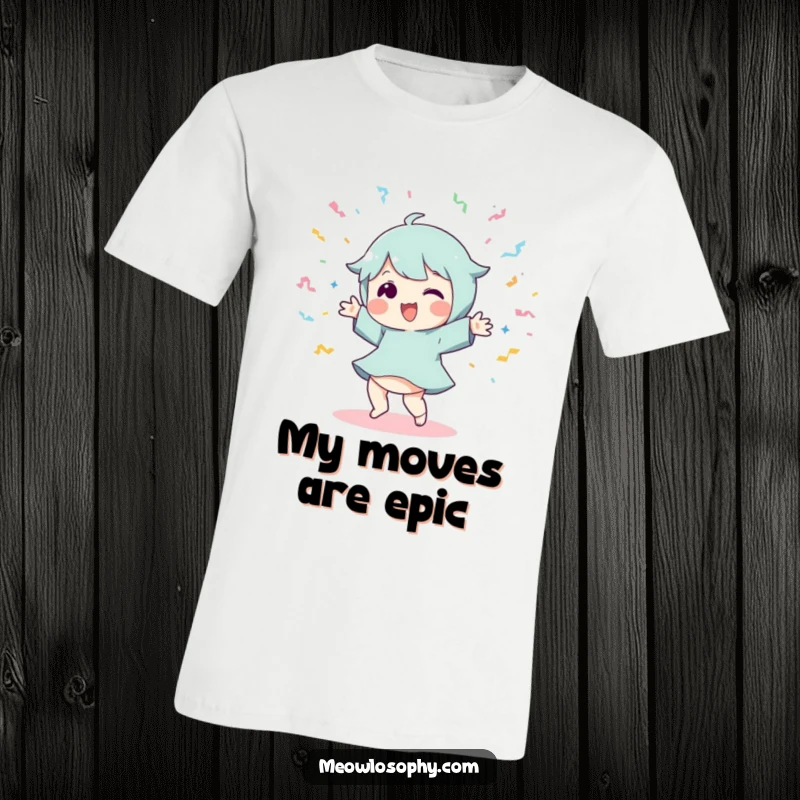 Funny Dancer T-Shirt: Features a playful character executing a silly dance move surrounded by dynamic, flying streamers.