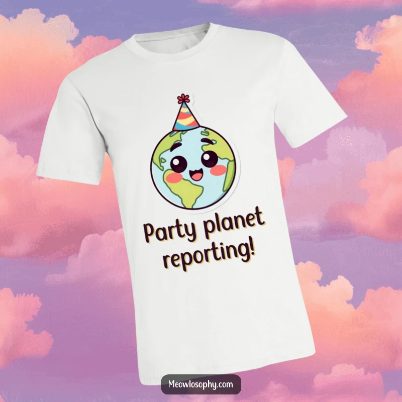 Funny t-shirt showcasing a stylized earth character with a happy, surprised face and a festive party hat, spreading joy.