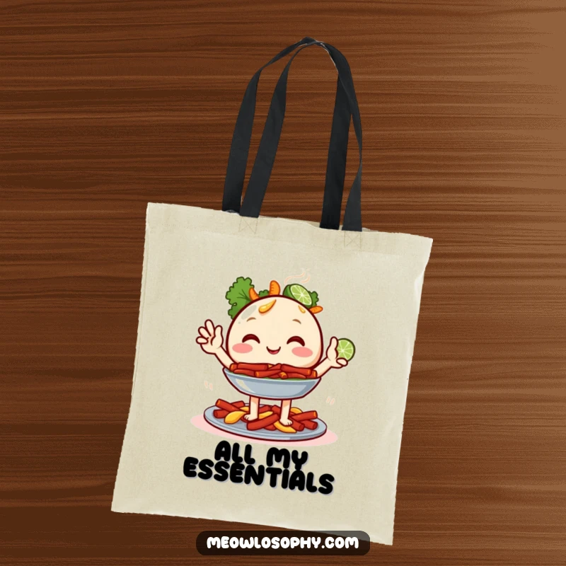 Funny Fajita Platter Tote Bag with a joyful food character and two tiny lime wedges waving, perfect for grocery shopping with humor.