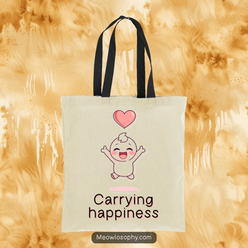 Funny tote bag showcasing an adorable character leaping with joy, a heart symbol floating above, perfect for carrying smiles and gifts.