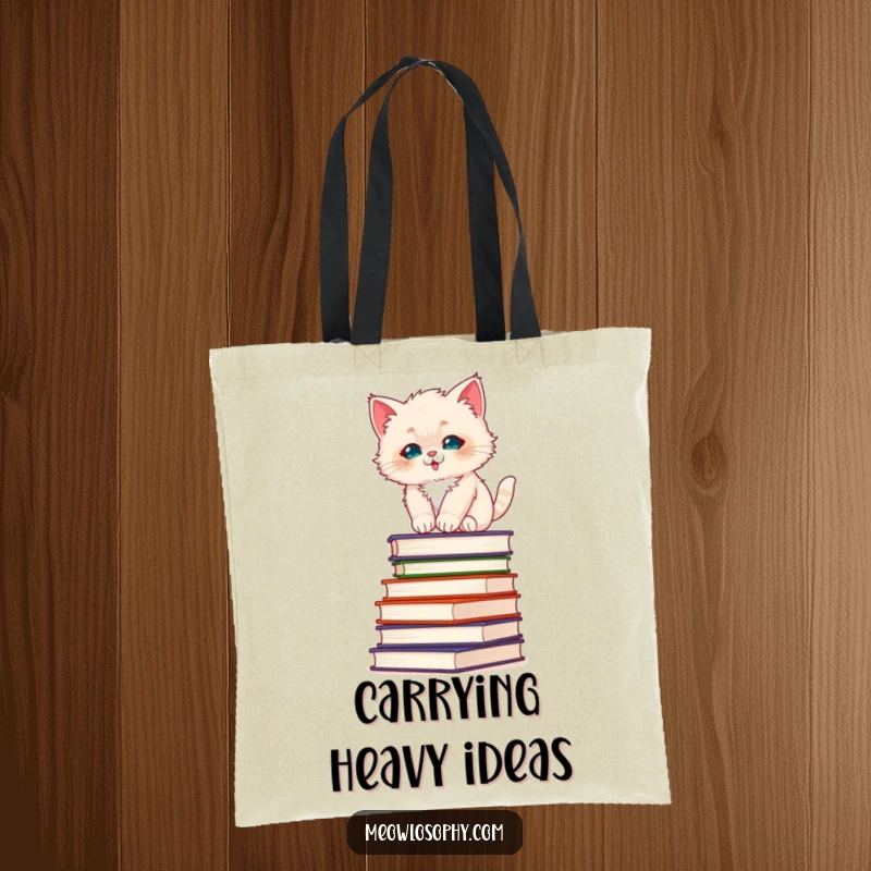 Funny fluffy kitten tote bag, depicting a kitten balancing on philosophy books, a stylish and humorous accessory for the studious.