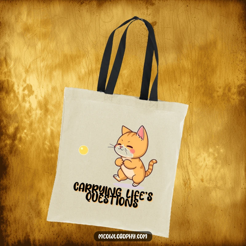 Funny tote bag with a ginger cat chasing a philosophical laser dot, ideal for carrying essentials and thoughts.