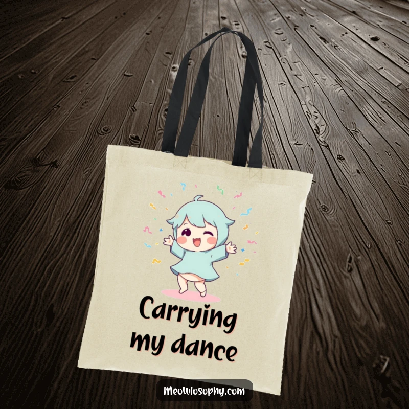 Funny Dancer Tote Bag: A playful character dancing energetically amidst flying streamers, perfect for carrying essentials with flair.