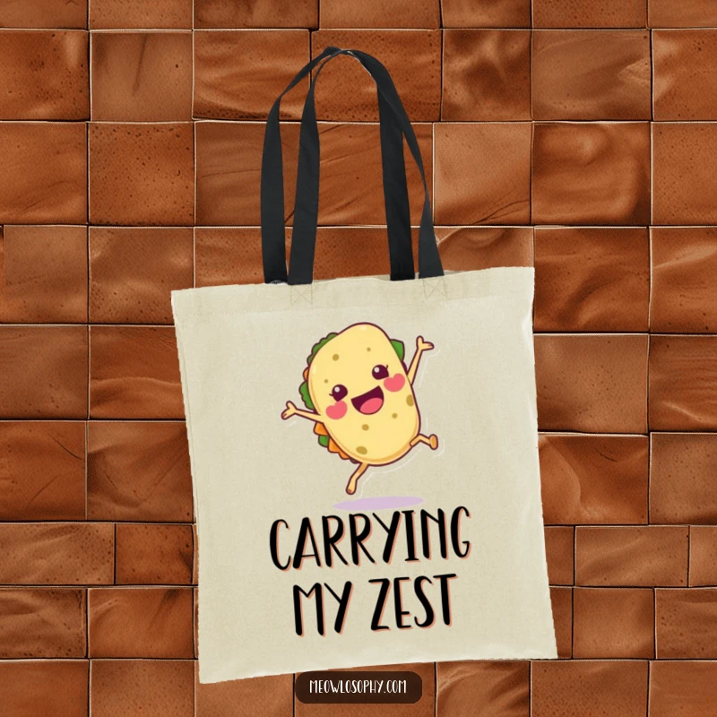 Funny Tortilla Tote Bag doing a joyful cartwheel with a flourish, perfect for shopping.