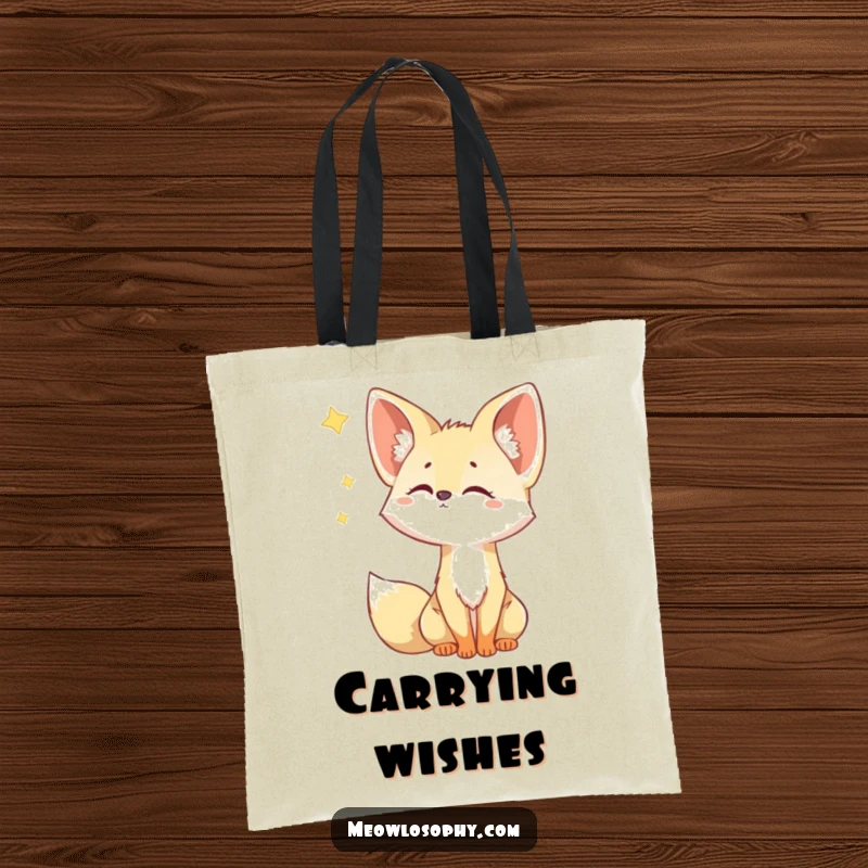 Funny Fennec Fox Tote Bag illustrated with an adorable fox tilting its head, eyes wide, watching a sparkling shooting star in the dark.