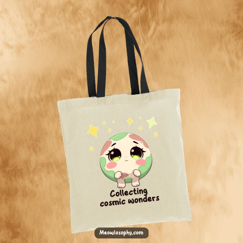 Funny Earth character with wide, sparkling eyes looking up at shooting stars on an eco-friendly tote bag, ready for whimsical journeys.