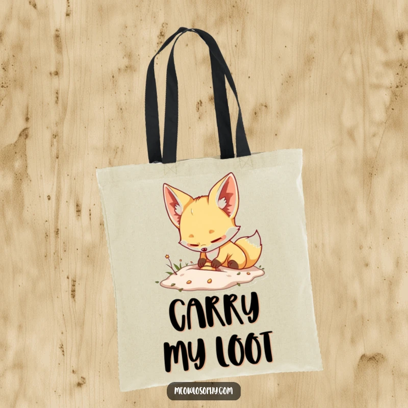 Funny Fennec Fox Tote Bag illustrated with an adorable fox energetically burying a small, precious item, highlighting its enthusiastic nature.