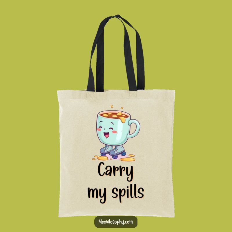 Funny Coffee Mug Roller Skate Spill Tote Bag, Hilarious Everyday Carry-All