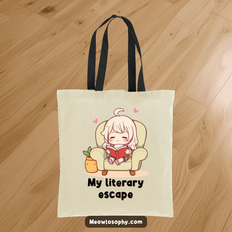 Funny character comfortably seated in an armchair, reading a book with a peaceful expression, on a stylish tote bag.