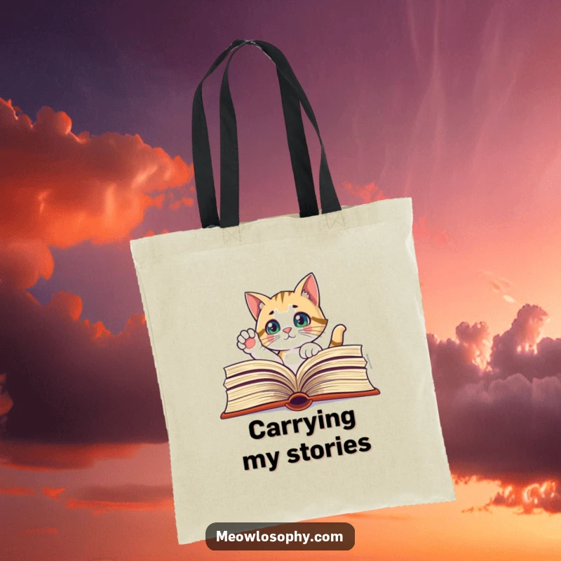 Funny tote bag with a curious cat peeking through an open book, one paw raised, for literary adventures.