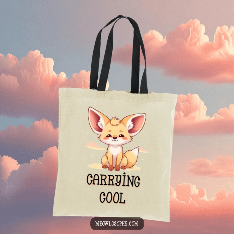 Funny Fennec Fox Tote Bag illustrated with an adorable fox, ears wide, blissfully enjoying a refreshing desert breeze.