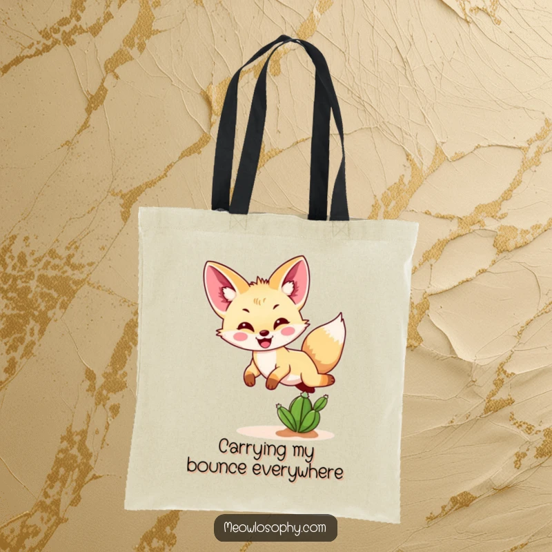 Funny Fennec fox tote bag depicting a happy fennec fox jumping over a small cactus, ideal for desert-themed gifts.