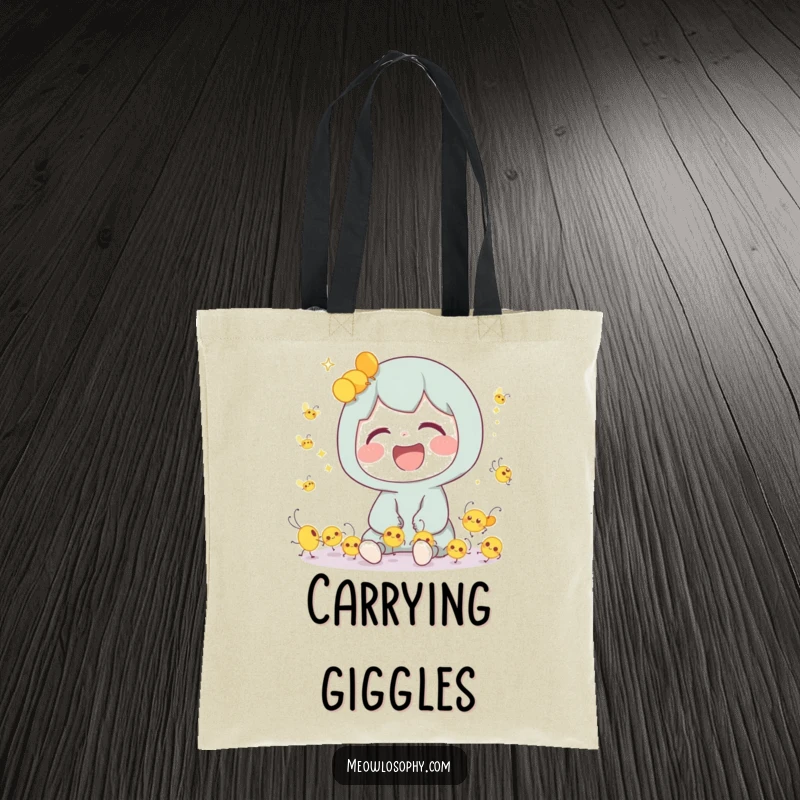 Funny Tote Bag of a cute character sharing a joyful laugh with a group of tiny, brightly dancing fireflies.
