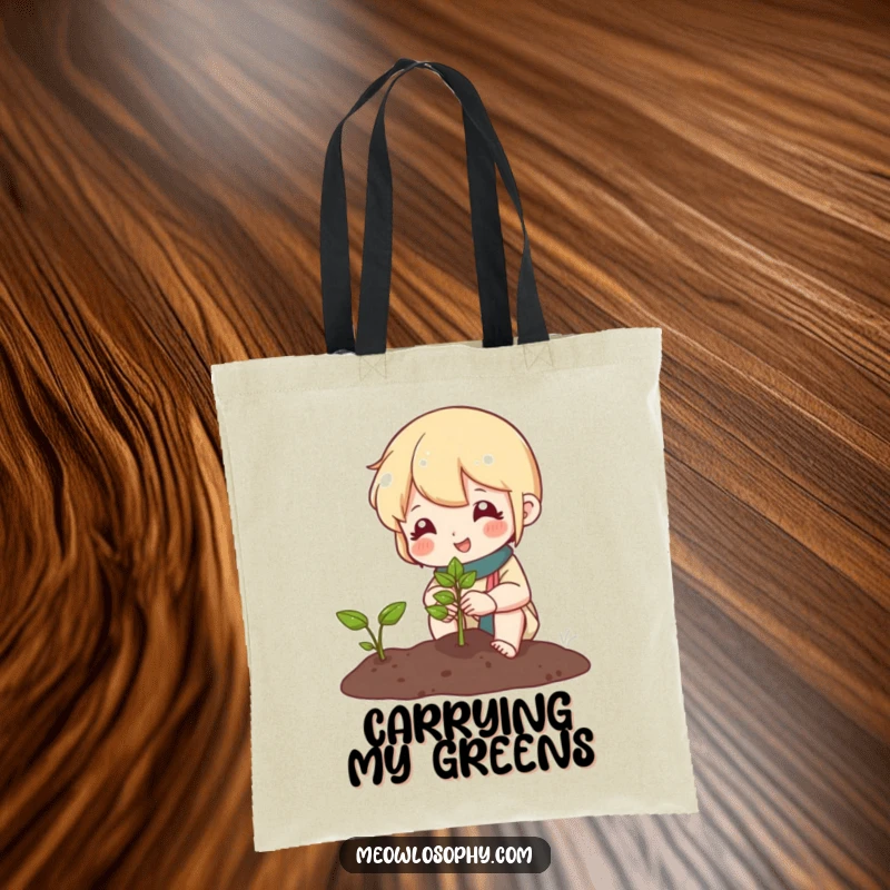 Funny tote bag with a cute character tending a miniature garden and smiling at a sprout, perfect for carrying gardening tools or daily items.
