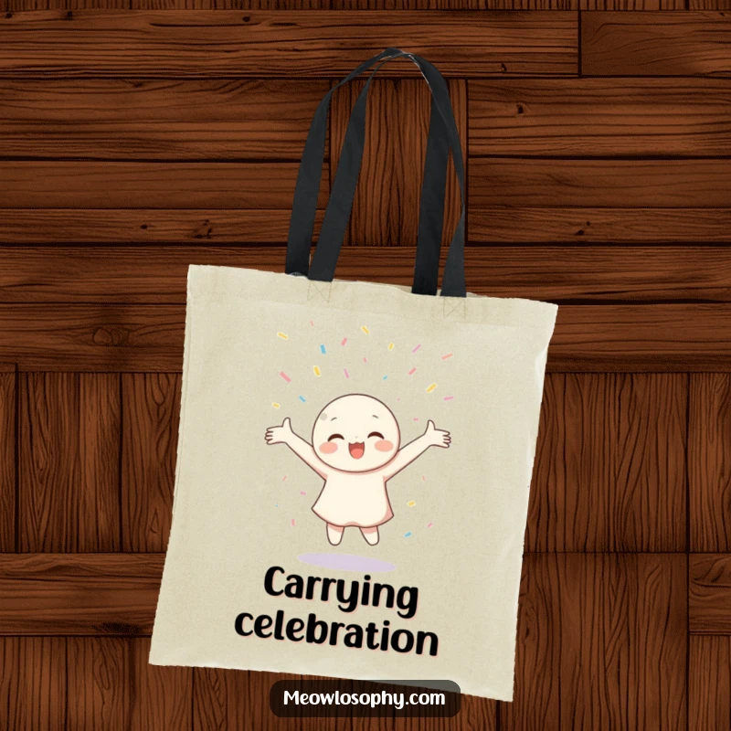 Funny Tote Bag depicting a character joyfully twirling with arms outstretched, surrounded by a festive confetti shower.