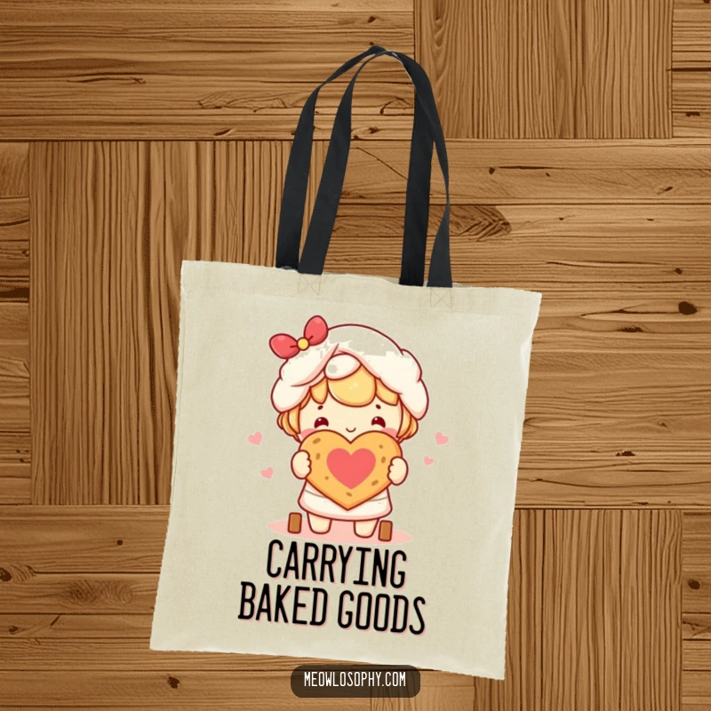 Funny kawaii baker character smiling while holding a small, heart-shaped loaf of bread, on a versatile tote bag.