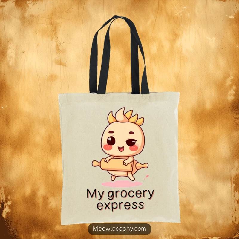 Funny Kawaii Fajita Tote Bag with a winking fajita filling riding a miniature rolling pin, perfect for shopping.