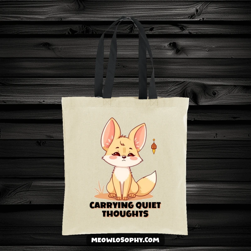 Funny Kawaii Fennec fox tote bag showing a cute fennec fox with twitching ears, focused on a distant desert wind chime.