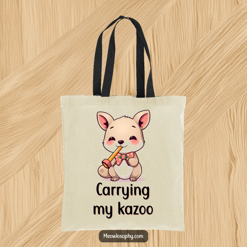 Funny Tote Bag with a dapper animal in a bowtie, playing a tiny kazoo, ready for musical adventures.