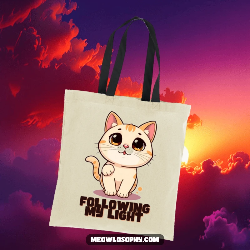 Funny cat tote bag with a wide-eyed character chasing a laser pointer dot in a circle, humorous and practical accessory.