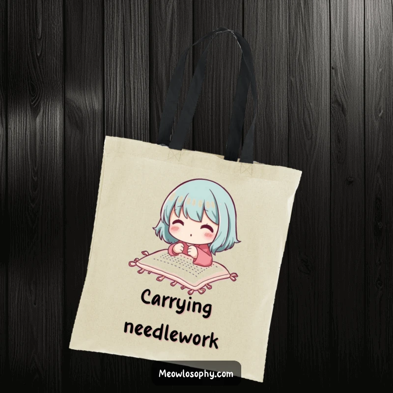 Funny adorable character focused on stitching a small quilt, with a look of delight, on a versatile tote bag.