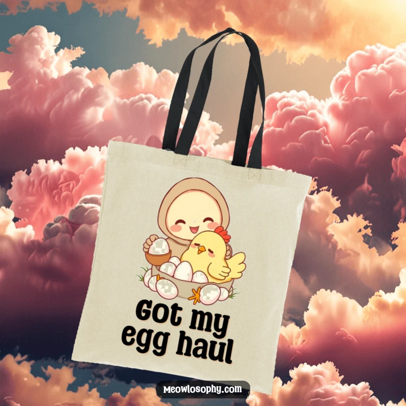 Funny tote bag depicting a character collecting eggs from a very sleepy, cartoonish chicken. Practical and humorous accessory.