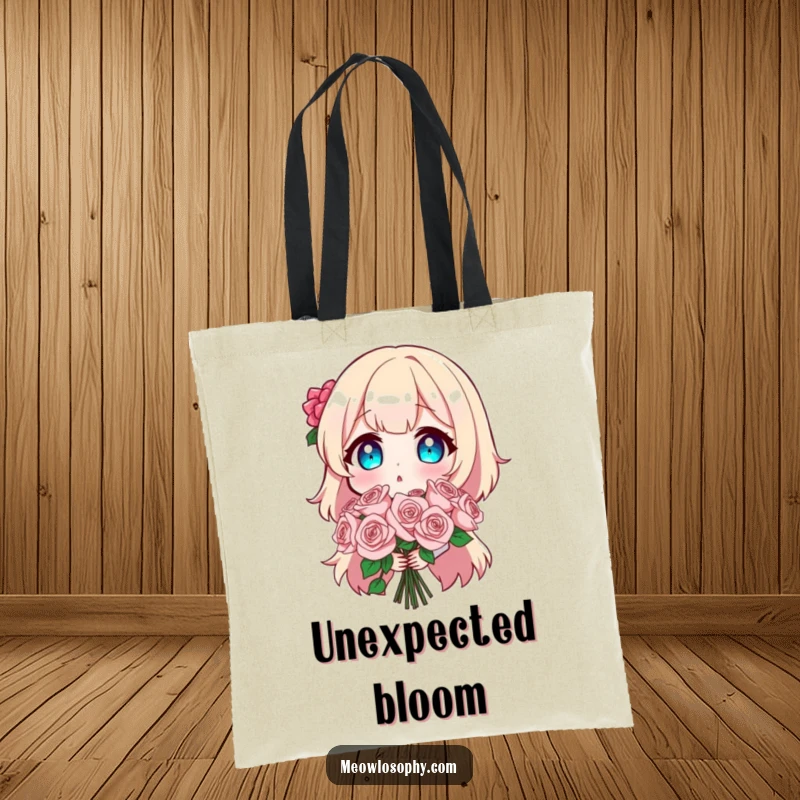 Funny tote bag depicting a character with a comically surprised expression holding an extravagant bouquet of sparkly roses, a humorous accessory.