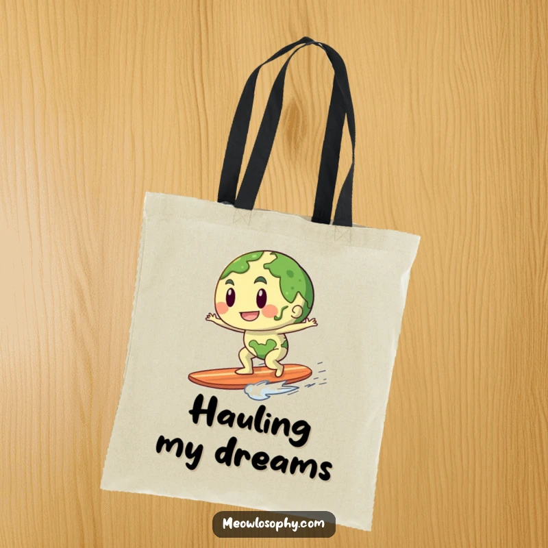 Funny tote bag with an anthropomorphic earth character playfully riding a gentle breeze like a surfboard, perfect for carrying fun.