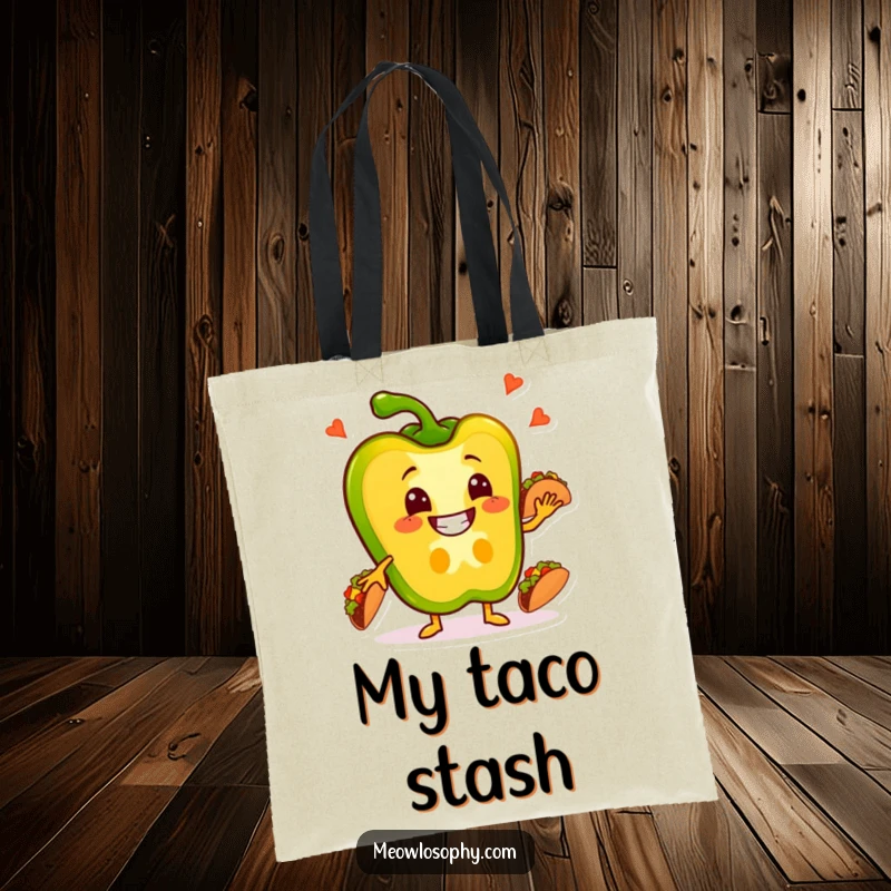 Funny Pepper Tote Bag featuring a smiling bell pepper slice juggling tacos, perfect for shopping.